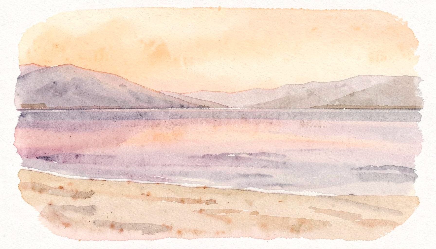 A soft watercolour painting of a calm lakeshore at dusk, with muted beige sand, gentle mauve-grey water, and a warm cream sky blending into pale taupe hills in the distance.